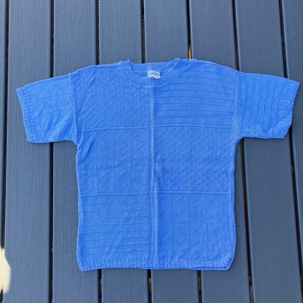 Blue cotton knit sweater short sleeves, vintage 70s twee preppy retro